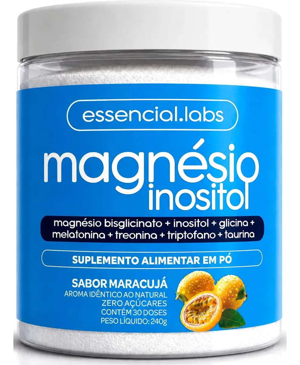 MAGNÉSIO INOSITOL Sabor Maracujá - Fórmula Exclusiva com Magnésio Bisglicinato, Inositol, Glicina, Melatonina, Treonato, Triptofano e Taurina - 240g