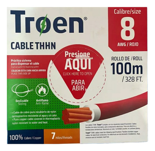 Cable #8 Troen Thhn 90° Grados 100% Cobre 7 Hilos 100 Mts