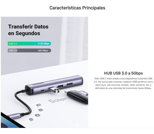 Hub Ugreen Usb-c 5 En 1 - 2 X Usb 3.0 - 1 X Hdmi - 1 X Rj45
