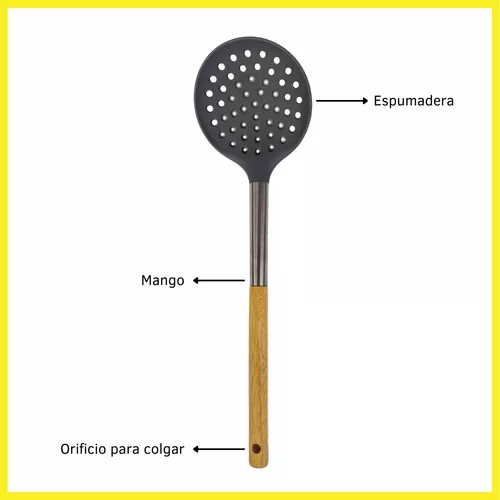 Espumadera De Silicona Gris Mango Acero Madera Utensilio