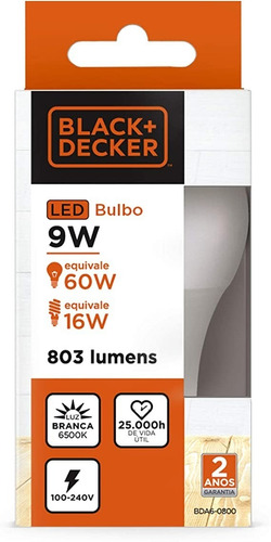 Lâmpada Bulbo Led 9w Black&decker Bivolt 6500k Cor da luz Branco-frio 110V/220V