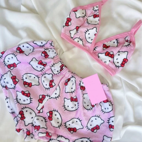 Pijamas De Dama Short Y Crop Top Brassier De Hello Kitty