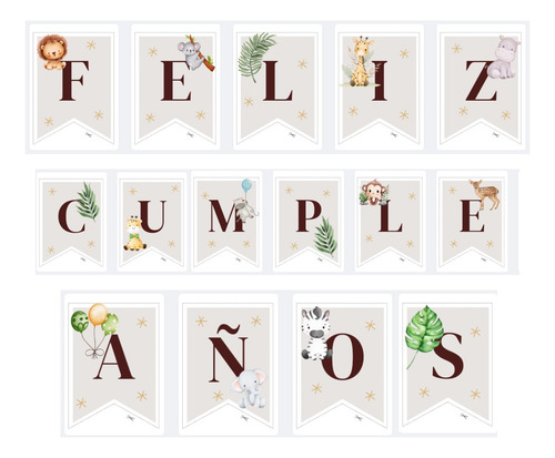 Banderines Imprimibles Safari Feliz Cumpleaños Animales