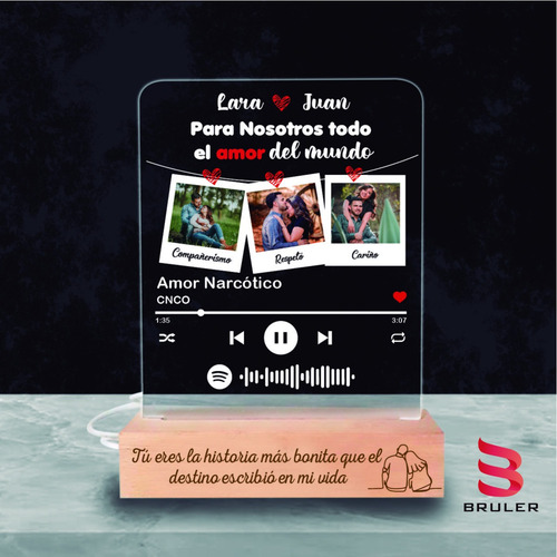 Imagen 3 de 10 de Lámpara Spotify Base De Madera Personalizada Con Acrílico