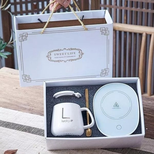 Taza Con Tapa Y Con Calentador Eléctrico Y Cuchara Color Blanco