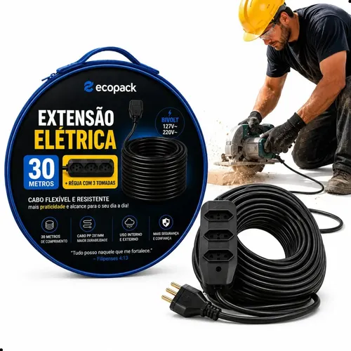 Extensão Elétrica 2x2,5mm De 30 Metros Reforçada 3 Tomadas B Preto 127/220v