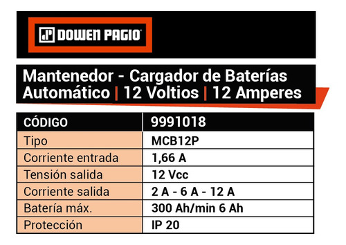 Imagen 2 de 7 de Mantenedor Cargador De Bateria De Auto Dowen Pagio 12v 12a