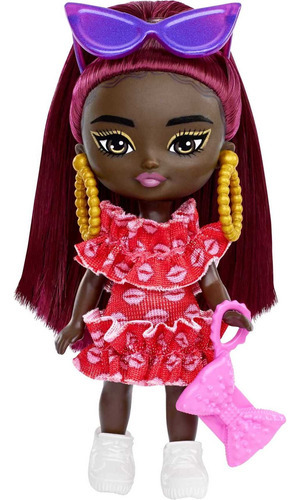Muñeca Barbie Extra Mini Minis Con Pelo Burdeos Y Vestido Ro