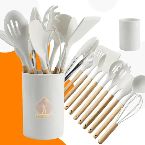 Kit 12 Utensilios De Cozinha Em Silicone Com Escumadeira Cabo De Madeira Antiaderente Resistente Para Cozinhar Tragaluz Branco