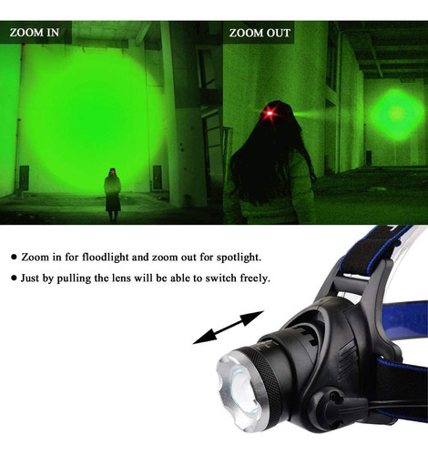 Linterna Frontal Led Verde Resistente Al Agua, Con Zoom Y 3