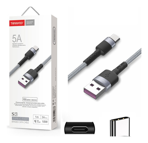 Cabo Usb Tipo-c Trançado De 1m:rápido, Durável E Seguro-5a Cor Cinza