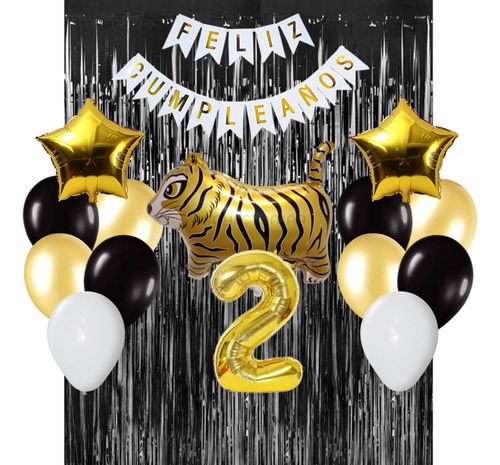 Combo Cumpleaños Globos Tematica Deco Tigre Dorado Fiesta
