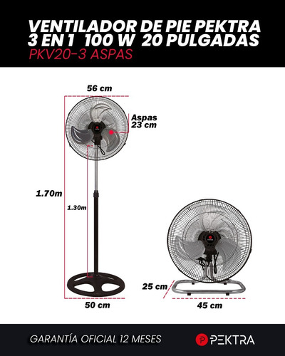 Imagen 6 de 9 de Ventilador 3 En 1 Pektra 20p 3 Aspas Metalico Pie Pared Piso