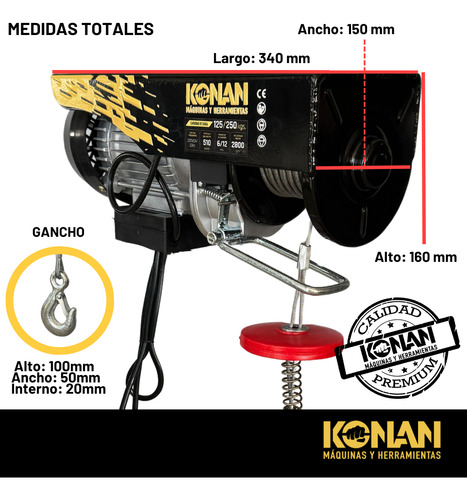 Aparejo Electrico Konan 250kg 12 Mts Elevacion Maxima 510w