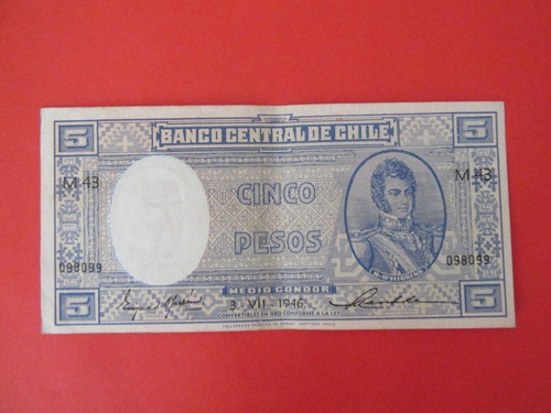 Billete Chile 5 Pesos Firmado Oyarzun-maschke Año 1946