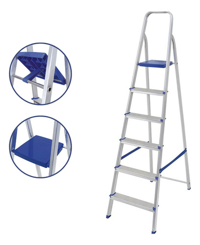 Escada Alumínio 6 Degraus Mor Dobrável Doméstica Residencial Cor Azul e Cinza