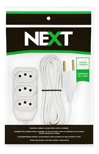 Extensão Elétrica Branco 5 Metros Extensão Tomadas Compacta - R$ 14,85