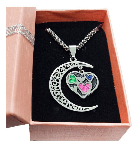 Collar Cadena Acero Quirurgico Dije Luna Corazones Esmaltado Color Negro