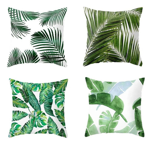 Juego 4 Fundas Tropical Plantas Verdes Cojínes Lino Blanco 