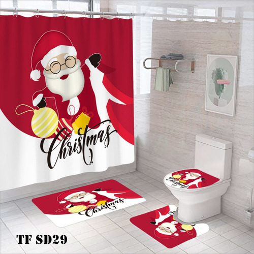 Set Juego De Baño Navidad Cortina Alfombras 4 Piezas