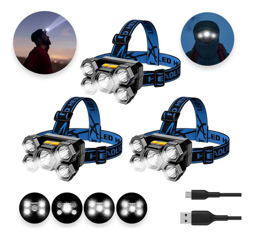 3pz Lampara Minera Potente Linterna Recargable 5 Led 4 Modos