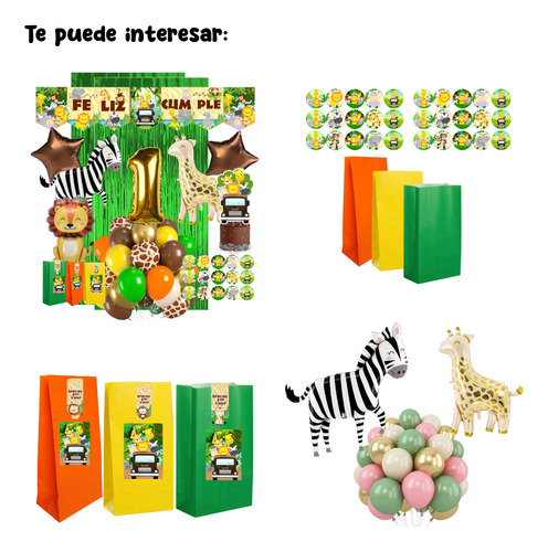 Combo Globos Animales De La Selva Safari Banderin Numero Dorado Número 6