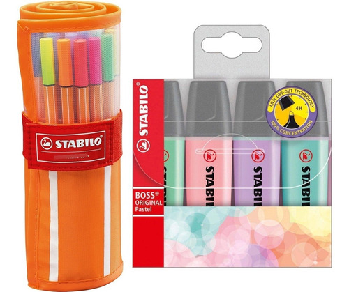 Kit Caneta Stabilo Point 88 30 Cores + 4 Marca Texto Pastel