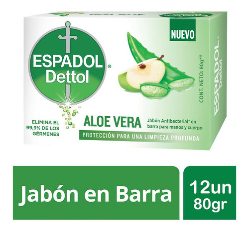 Imagen 1 de 4 de Espadol - Jabon Antibacterial Aloe Vera 12un X 80 Grs
