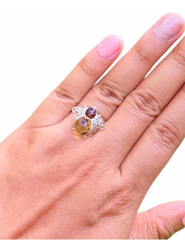 Anillo Ajustable Abeja Ámbar En Plata Fina De Ley .925