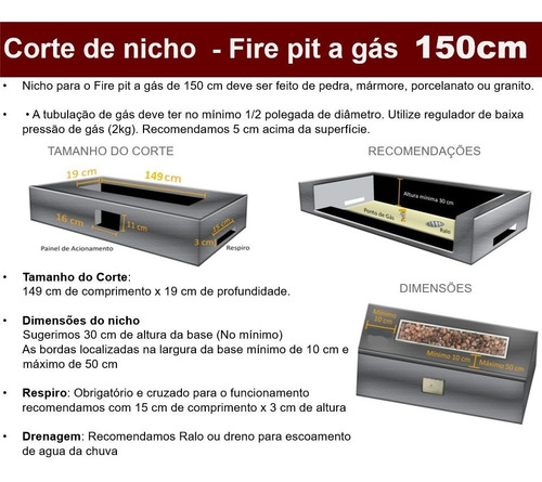 Lareira Fire Pit Gás Glp Retangular 150cm Externa Fogo E Art