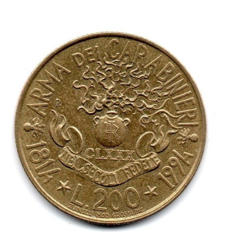 Italia Moneda 200 Liras Año 1994 180 Aniv Carabinieri Km#164