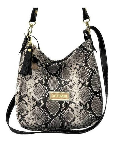 Cartera hobo Sixta Ugarte Nina diseño reptil de cuero sintético  gris con correa de hombro negra asas color negro