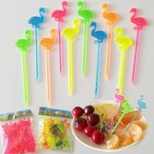Palillos Para Coctel De Frutas Bebidas Fiesta 30pz Flamingos Rosa
