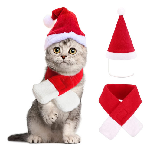 Traje Navidad Gorro Papá Noel Gato Con Bufanda 4 Pieza .