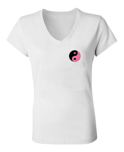 Remera Mujer Escote V Spun - Yin Yang Cute Love Aesthetic