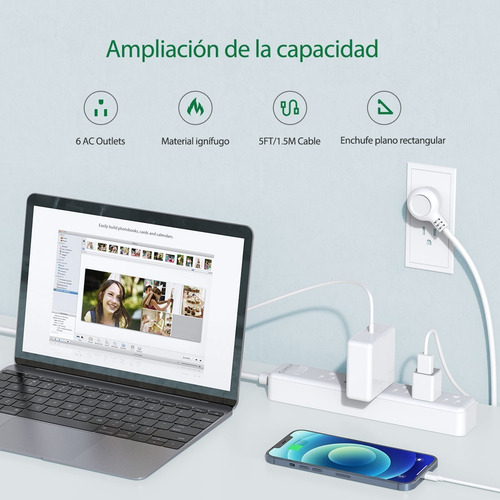 Imagen 7 de 8 de Barra Multicontacto 6 Enchufes Extensión Supresor De Picos