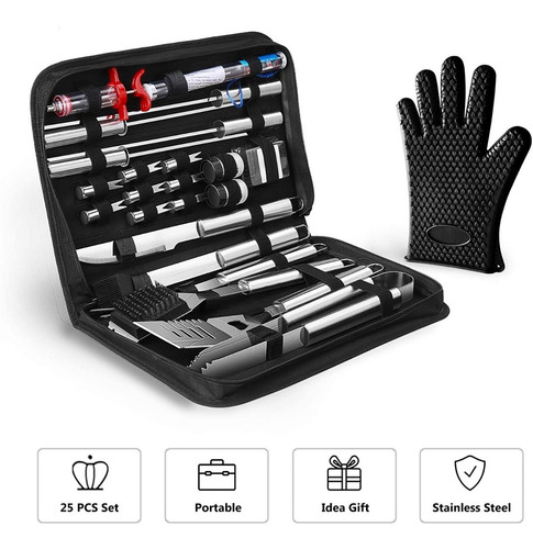 Set Bbq Asado Parrilla 25 Piezas Con Termómetro E Inyector