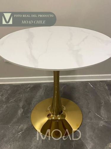 Mesa Tulip Tapa Piedra Sinterizada Base Dorada 80cm Marmol