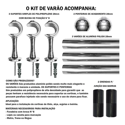 Kit Varão Simples Para Cortina De Canto Alumínio 28mm 3,60m Cor Cromado