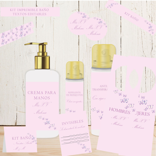 Kit Imprimible Baño Textos Editables Mariposas Rosa 15 Años