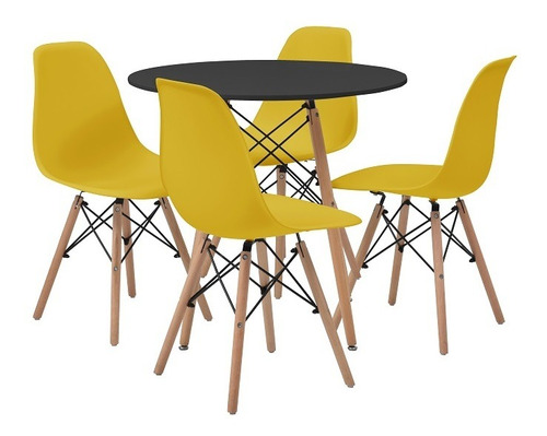 Mesa De Comedor Redonda Con 4 Sillas Sorum Negro Y Amarillo 