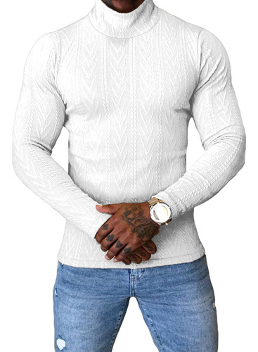 Suéter Canelado Tricot Slim Gola Alta Rolê Masculino Branco