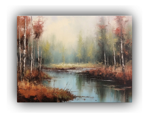 75x50cm Cuadro Paisaje Bosque Con Lago En Tonos Naturales