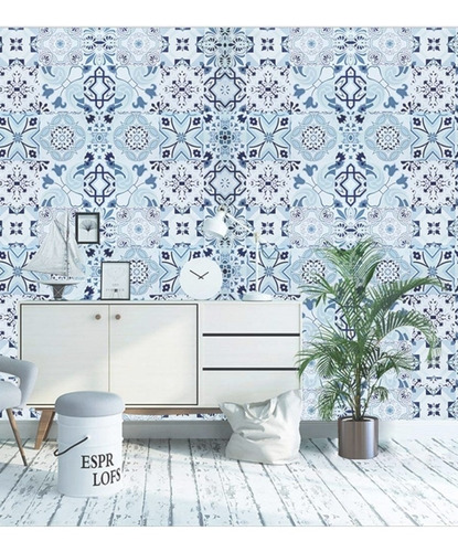 Imagen 2 de 8 de Papel Tapiz Tipo Talavera Artesanal Con Adhesivo 10 M