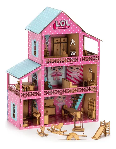 Casinha De Boneca Grande 60cm De Madeira + Kit Mini Moveis 36 pçs