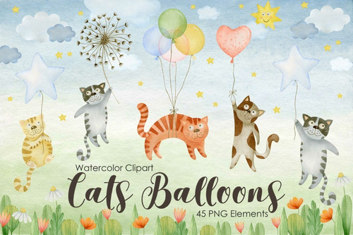 Papeles Digitales #02 - Cats Balloons Watercolor Clipart
