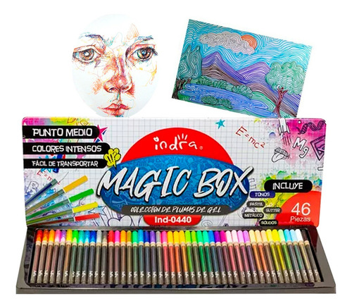 Set Plumas De Gel Indra Colección Magic Box + Estuche 46pzs Color De La Tinta Varios
