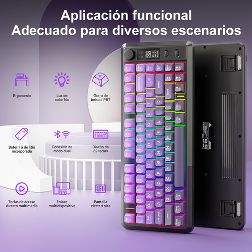 Teclado Free Wolf M75 Rgb Inalámbrico Bluetooth Con Pantalla Violeta