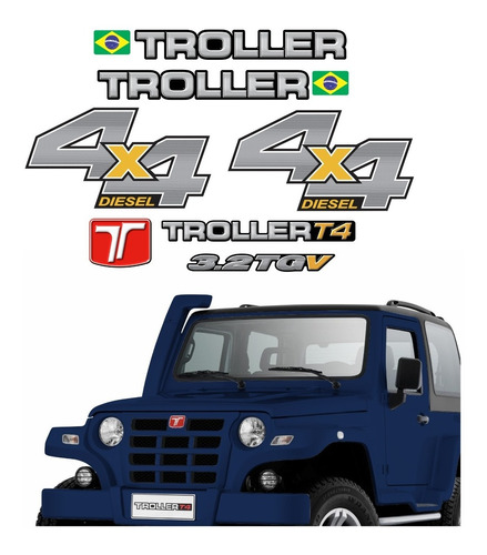 Kit Adesivos Emblema Troller T4 3.2 Tgv 4x4 Diesel 2014 Completo Carro Azul 3.2tgv Trl13