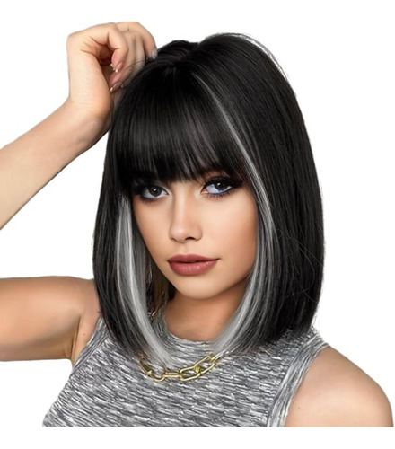 Peluca corta bob con flequillo negra recta con reflejos blancos pelucas sintéticas para mujer